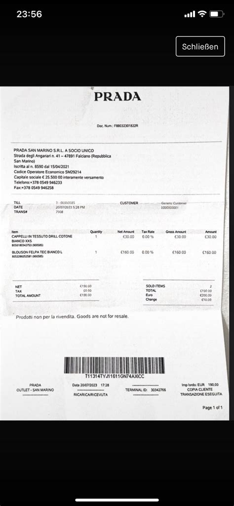 prada glasses receipt